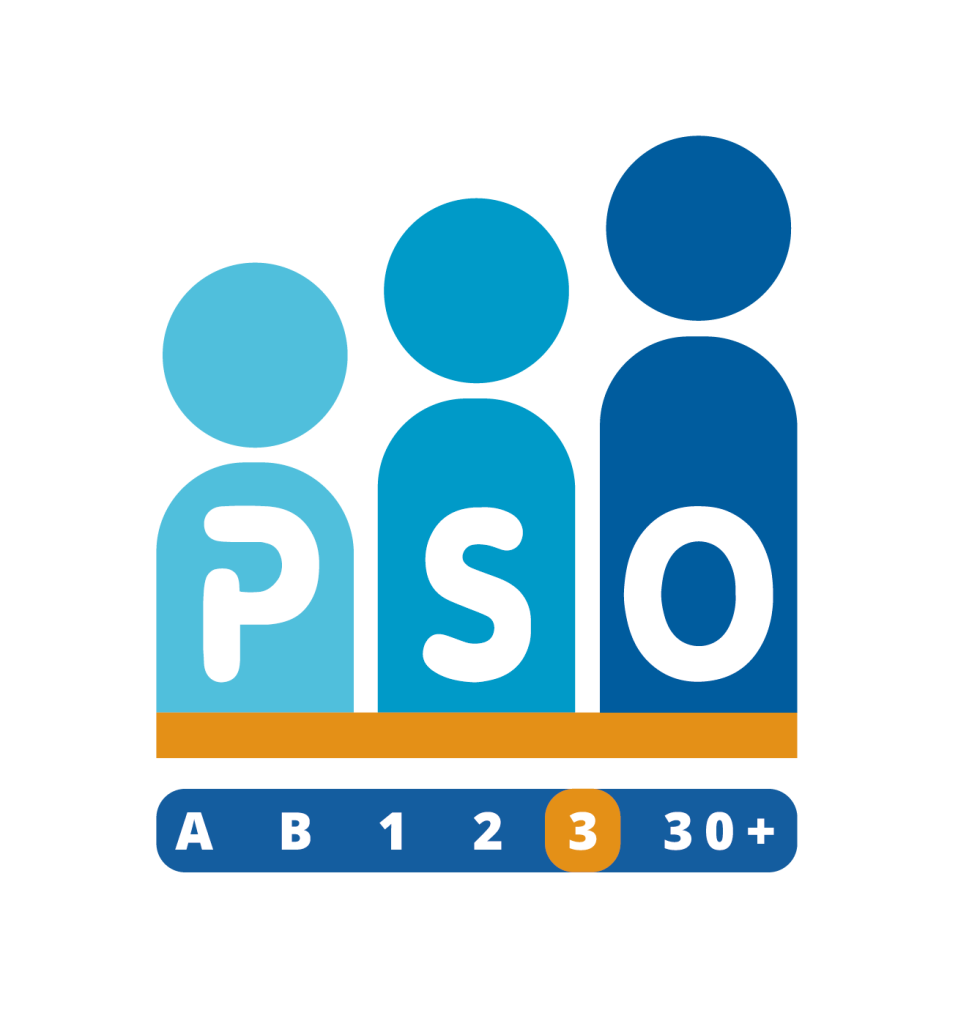 PSO-certificeringslogo met trede 3 gemarkeerd, symbool voor hoog niveau sociaal ondernemen.