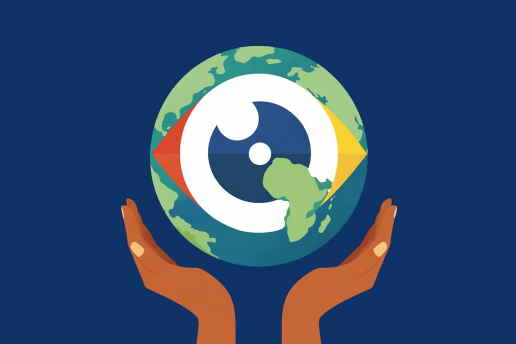 Gestileerde wereldbol met oogvorm in handen, symbool voor wereldwijd zicht en bescherming