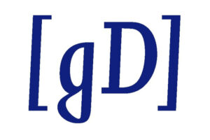 Blauw logo met gespiegeld monogram van de letters G en D tussen vierkante haken op een lichtgrijze achtergrond.