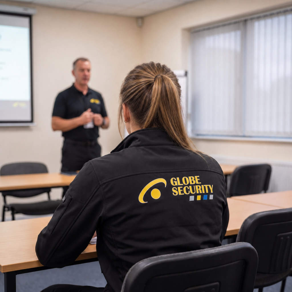 Beveiliger van Globe Security tijdens een interne training in een klaslokaal.