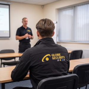 Beveiliger van Globe Security volgt een interne training in een klaslokaal.